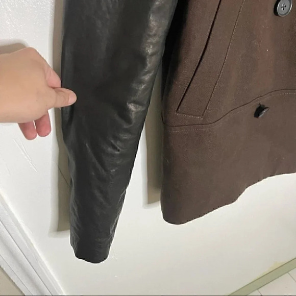 Vince Double Breasted Brown Pea Coat with Faux Leather Sleeves and Collar - Picture 7 of 9